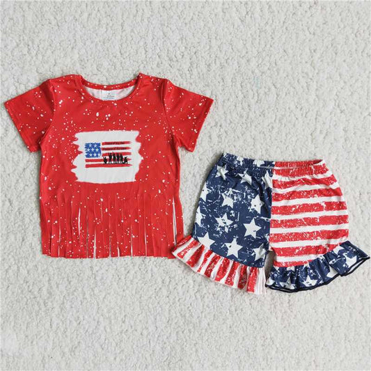 July 4th red bleached striped star short pants set