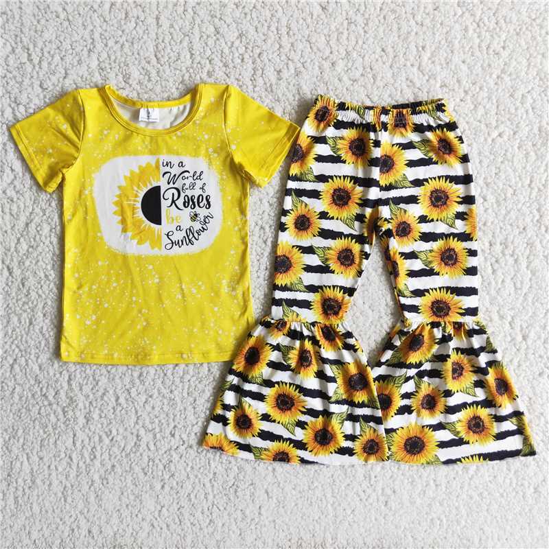 yellow shirt top with bell bottompants sunflowers pattern girl set