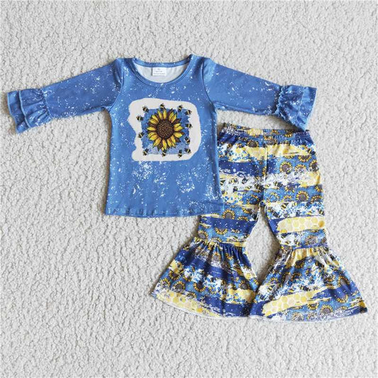 blue shirt top with bell bottom pants sunflowers pattern girl outfit