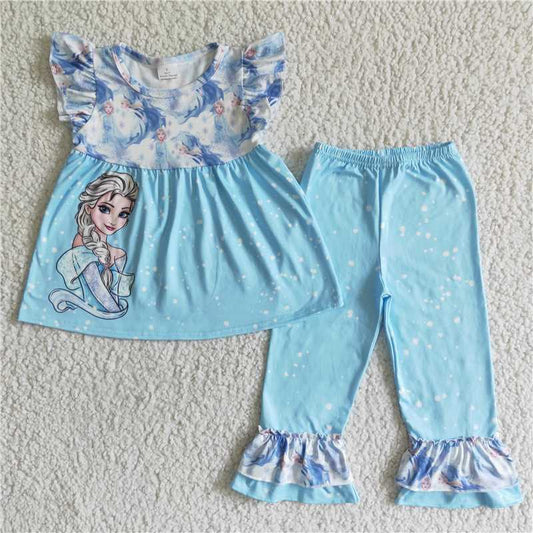 GSPO0056 Girls Frozen Elsa Blue Flying Sleeve Pants Set