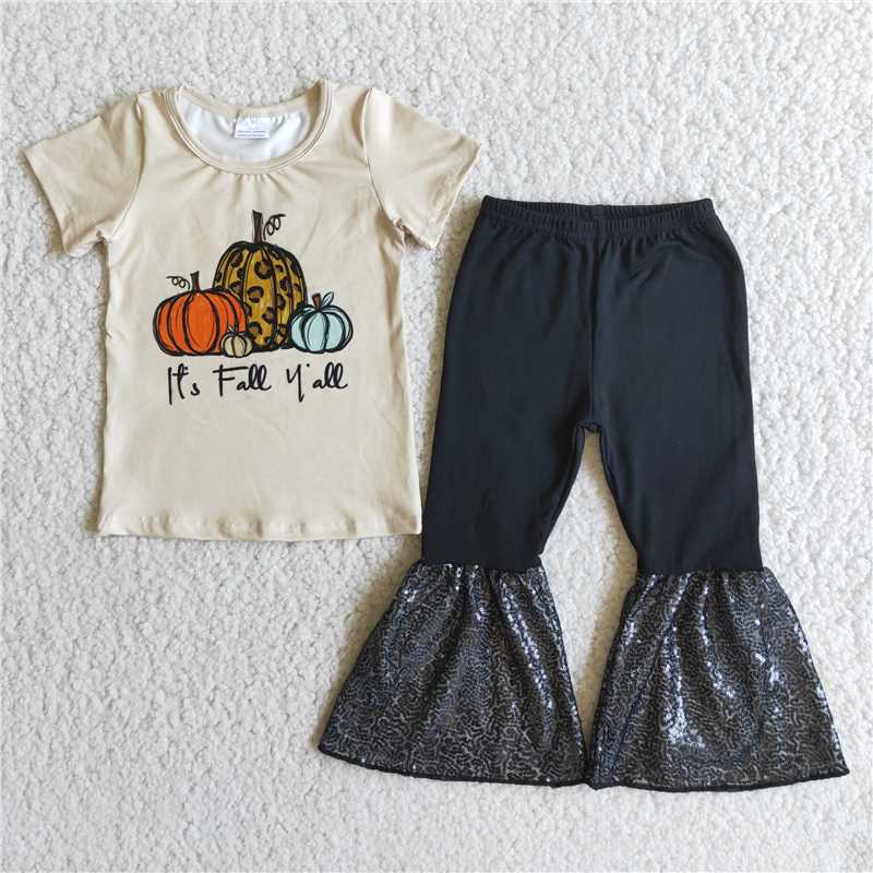 RTS NO MOQ（In Stock) A0-11 Girls Tricolor Pumpkin Short Sleeve Sequin Pants Set