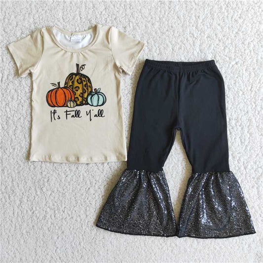 RTS NO MOQ（In Stock) A0-11 Girls Tricolor Pumpkin Short Sleeve Sequin Pants Set