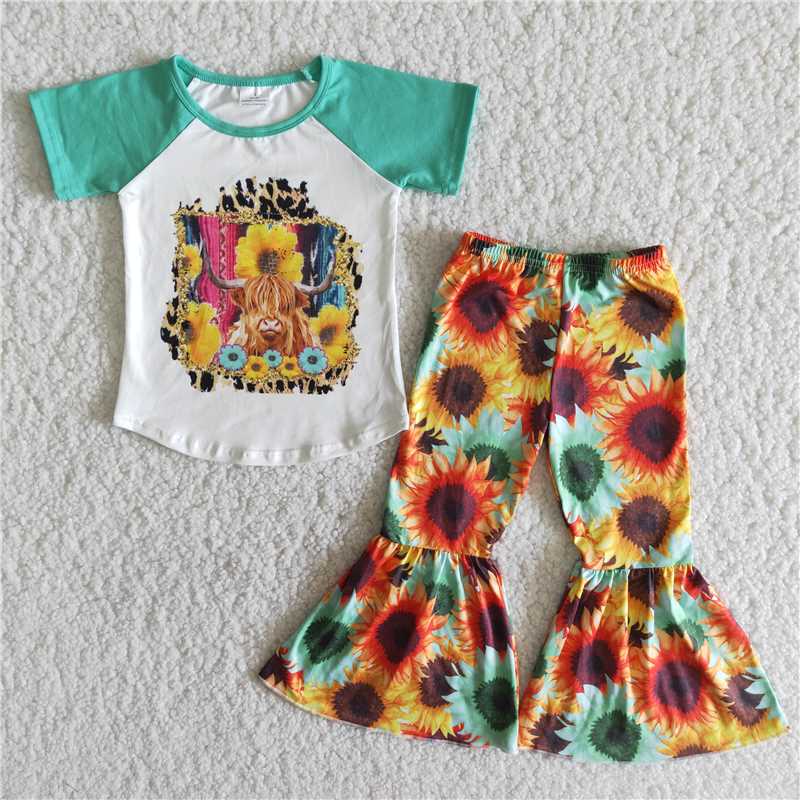 Short Sleeve and bell bottom pants sunflower girl's outfit