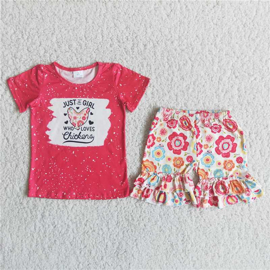 red chicken flowers pattern short pants set