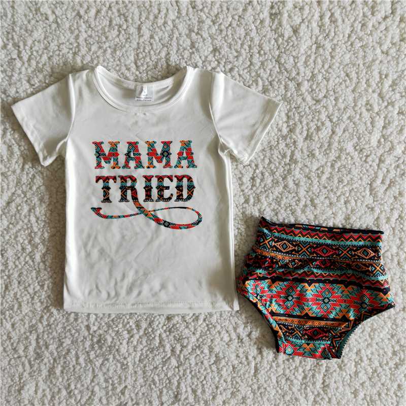 MAMA White Short Sleeve Colorful Diamond Thong