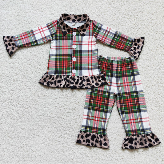 6B2-4 Kids Clothing Girls Long Sleeve Top And Long Pants Pajamas Plaid Leopard Print