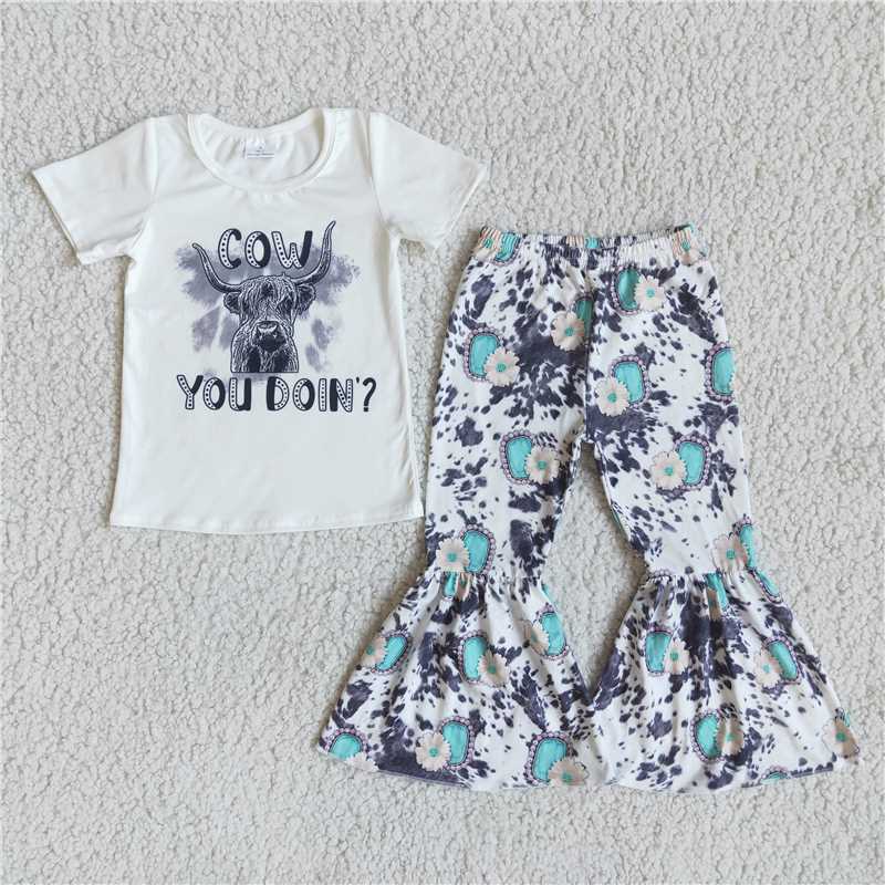 cow white short-sleeved cow-print flared pants