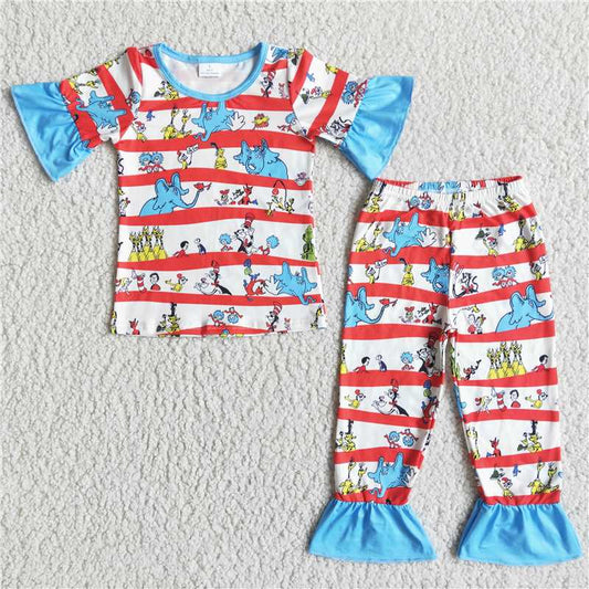 blue ruffle elephants pattern long pants set