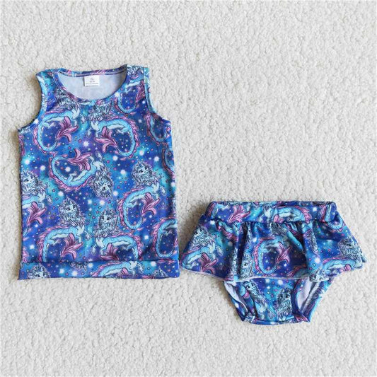 blue purple dragon pattern 2 pcs swimsuit