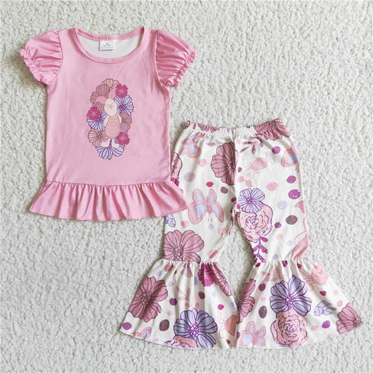 GSPO0143 Girls piglet floral pink short-sleeved trousers suit