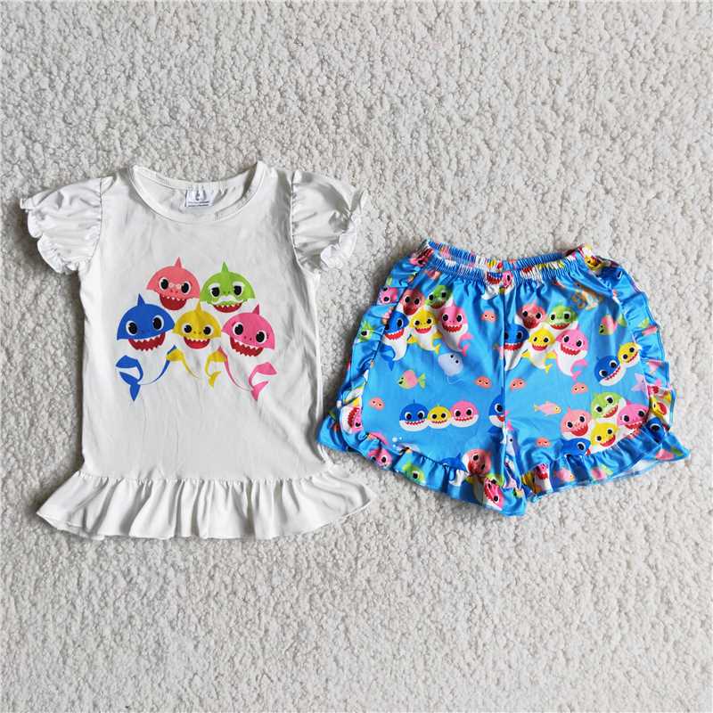 Shark White Puff Sleeve Blue Lace Shorts