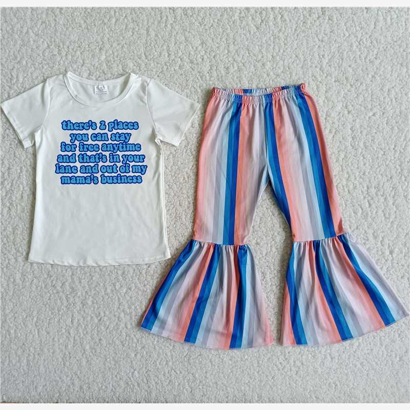 Letter Short Sleeve Multicolor Striped Flare Pants