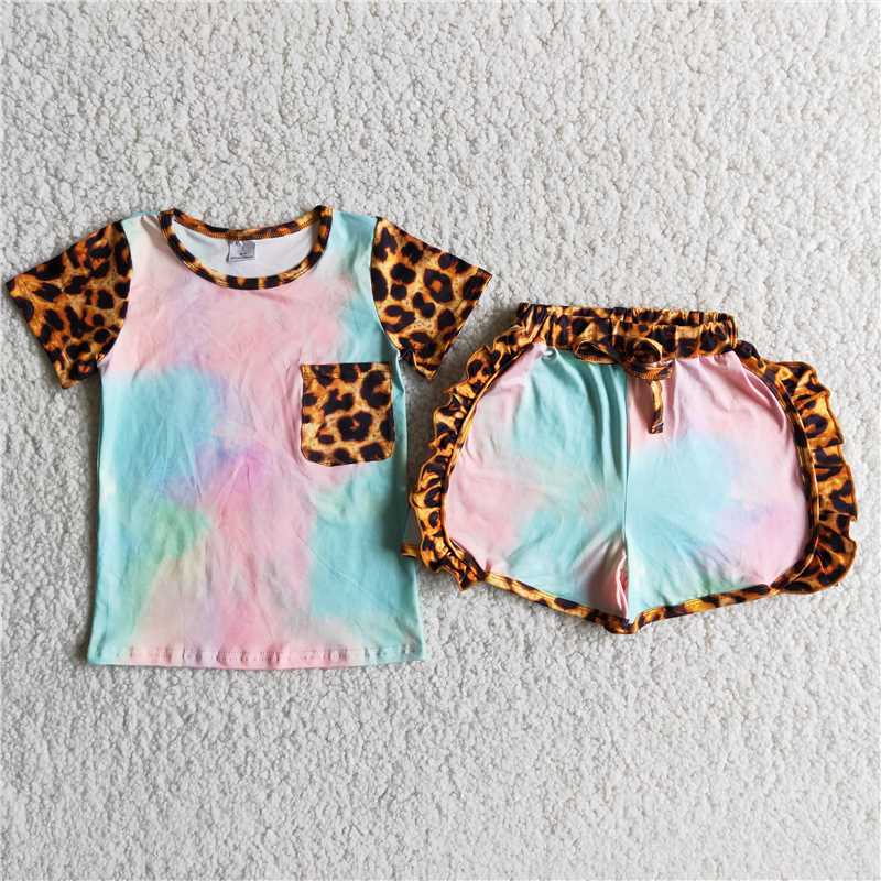 tie dye top leopard short pants set with pocket