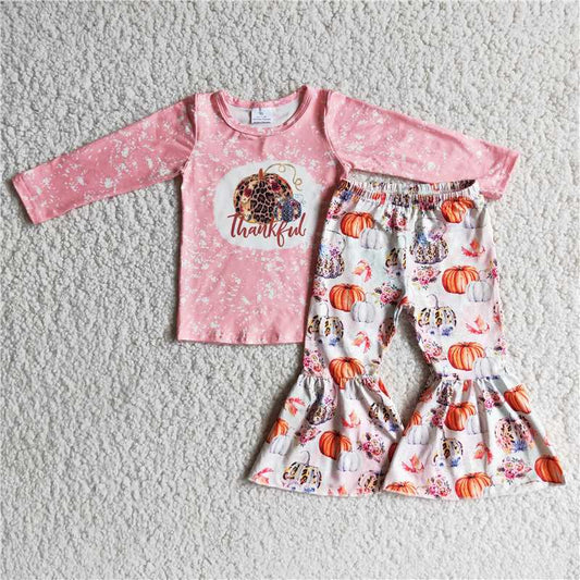 Thankful Long Sleeve Pink Top Pumpkin Flare Pants Outfit