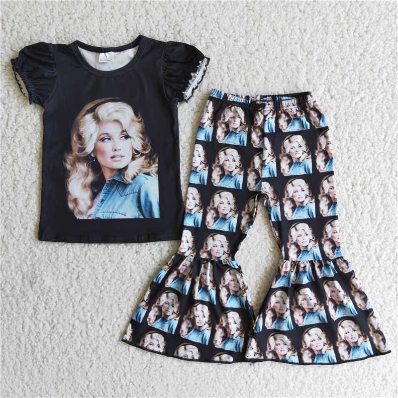 D3-3 Kids Clothing Girls Black Short Sleeve Top And Long Pants Sets