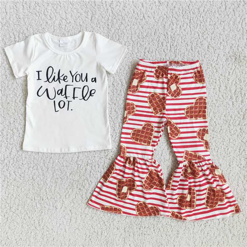 RTS NO MOQ（In Stock) D9-4 I LIKE U White Short Sleeve Heart Stripe Flared Pants