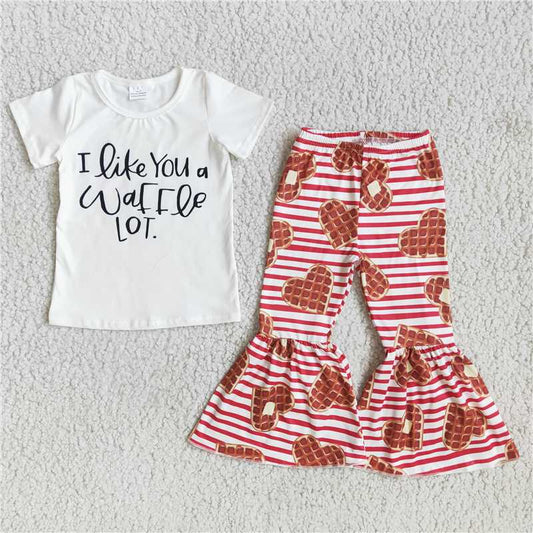 RTS NO MOQ（In Stock) D9-4 I LIKE U White Short Sleeve Heart Stripe Flared Pants