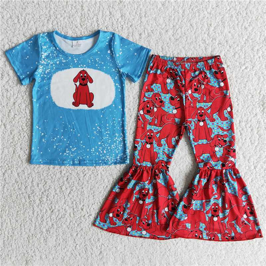 Blue Top Red Dog Flared Pants Outfit