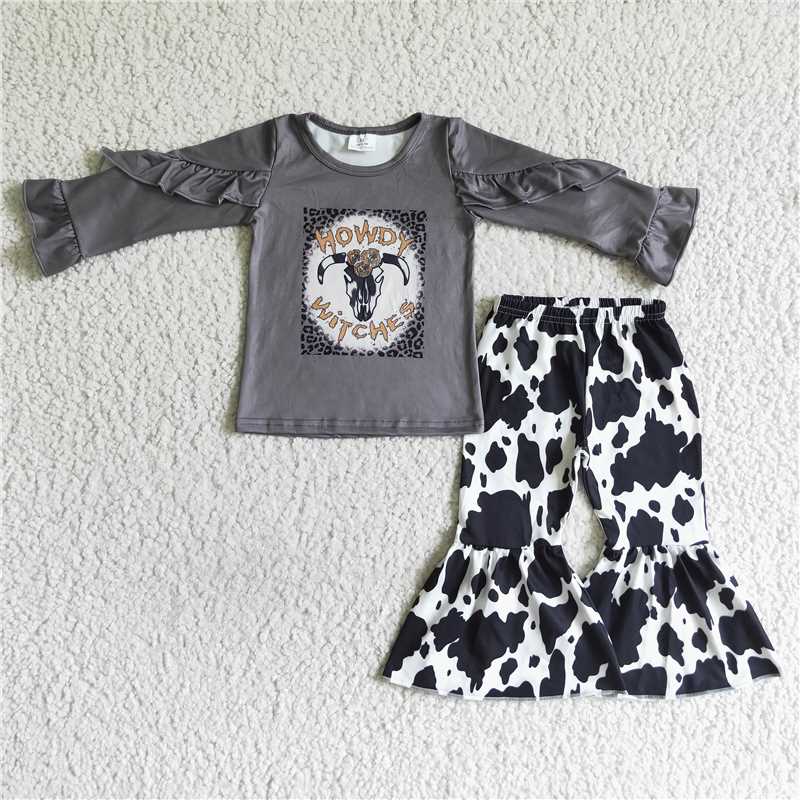 RTS NO MOQ（In Stock ) girls clothing long sleeve long pants  baby girl outfit milk silk cow print