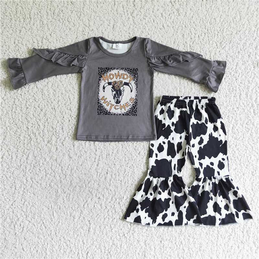 RTS NO MOQ（In Stock ) girls clothing long sleeve long pants  baby girl outfit milk silk cow print