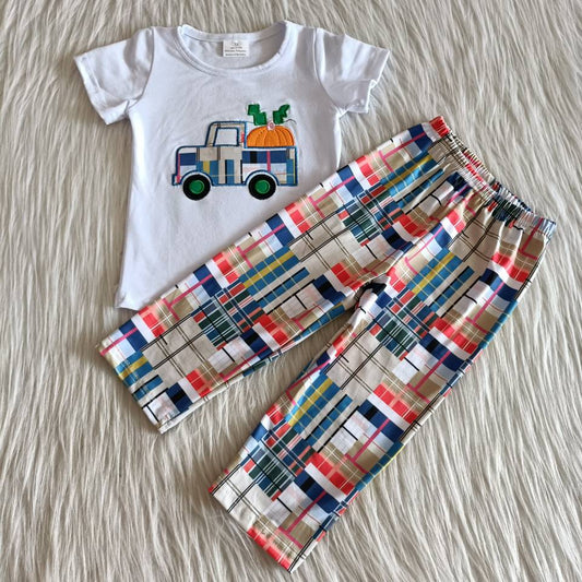 RTS NO MOQ C1-22 Boys Pink Pumpkin Cart Plaid Pants Set