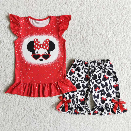 red bleached leopard short pants set