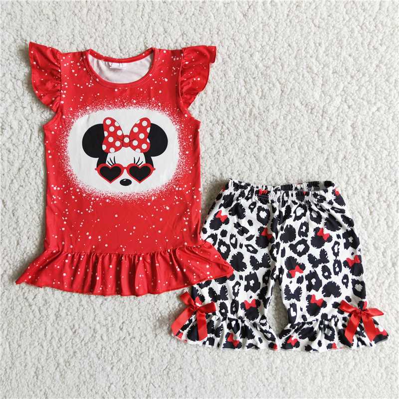 Summer Red Fly Sleeve Bow Leopard Pants