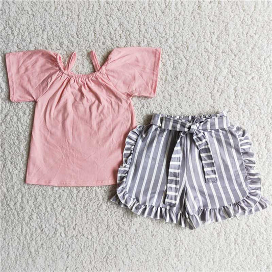 pink top grey striped short pants set