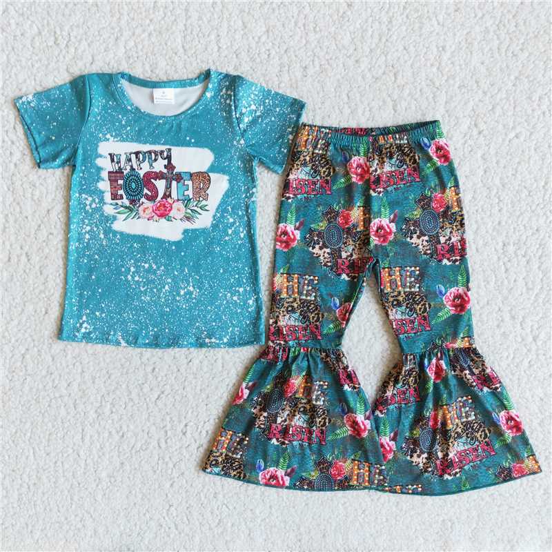 Easter Blue Short Sleeve Floral Flared Pants Set