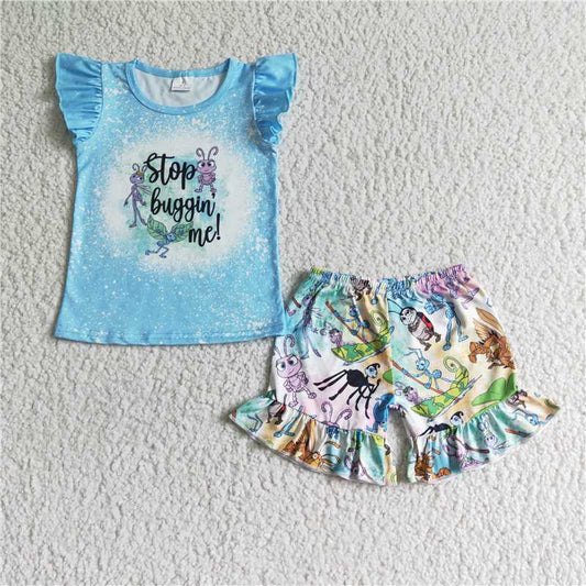 RTS NO MOQ（In Stock) Girls stopbugginme blue flying sleeve ant shorts suit