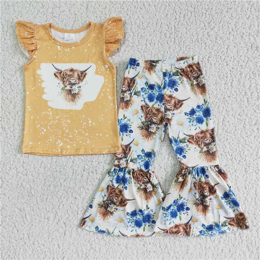 GSPO0086 girls flying sleeve long pants outfit cow print