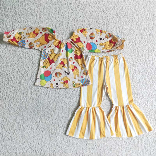 GLP0030 Girls Yellow Long-Sleeved Striped Pants Set