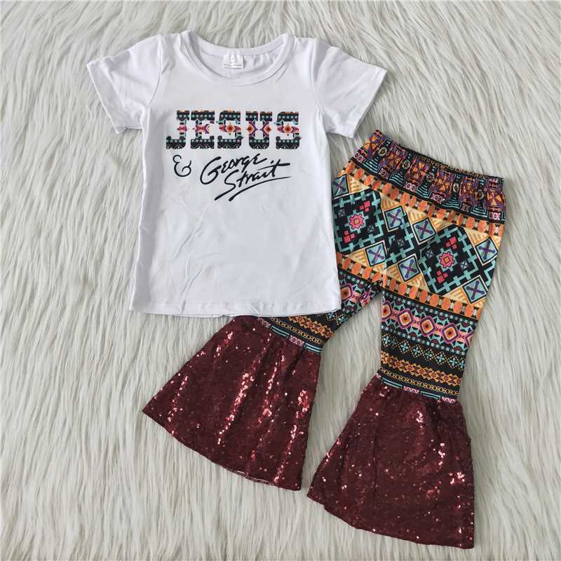 Jesus Top + Red Sequined Bell Trousers
