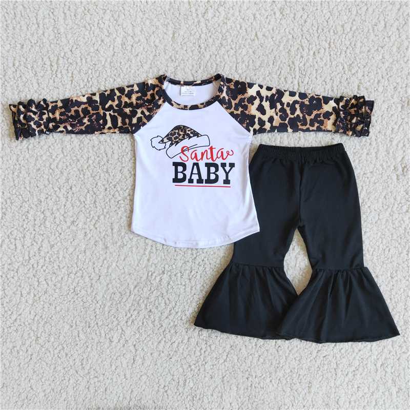 RTS NO MOQ（In Stock) 6 A17-30 Christmas BABY leopard hat black pants suit
