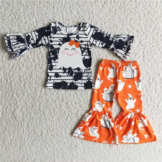 (Pre Order) No moq 6 A11-13 cute ghost print long-sleeve top and printed trousers set Halloween Holiday