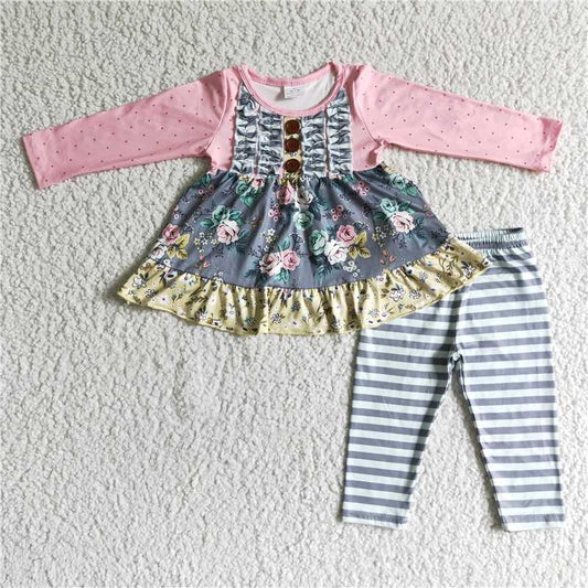 RTS NO MOQ 6 B0-17 Kids Clothing Girls Long Sleeve Top And Long Pants Flower Print