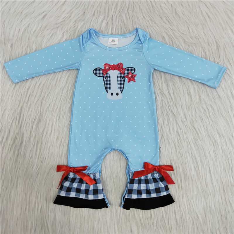 embroidery cows blue polka dots long sleeve romper
