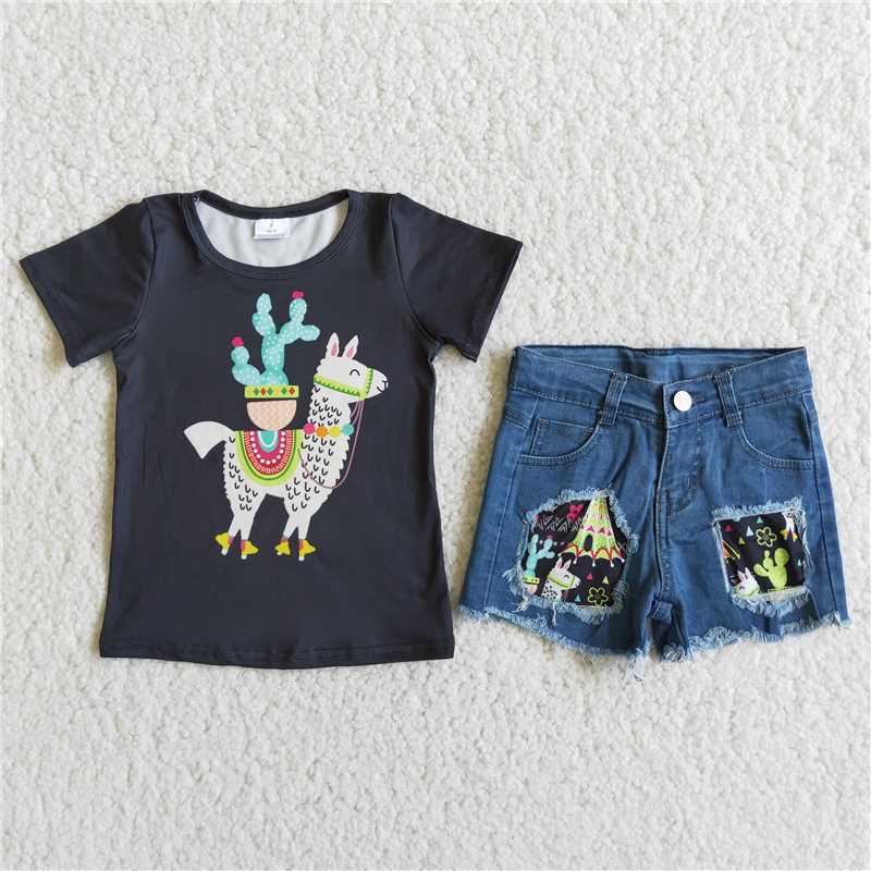 alpaca cactus black top denim short pants set