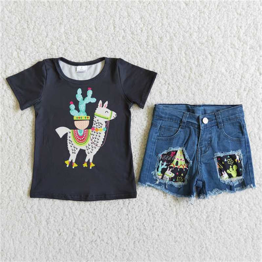 alpaca cactus black top denim short pants set