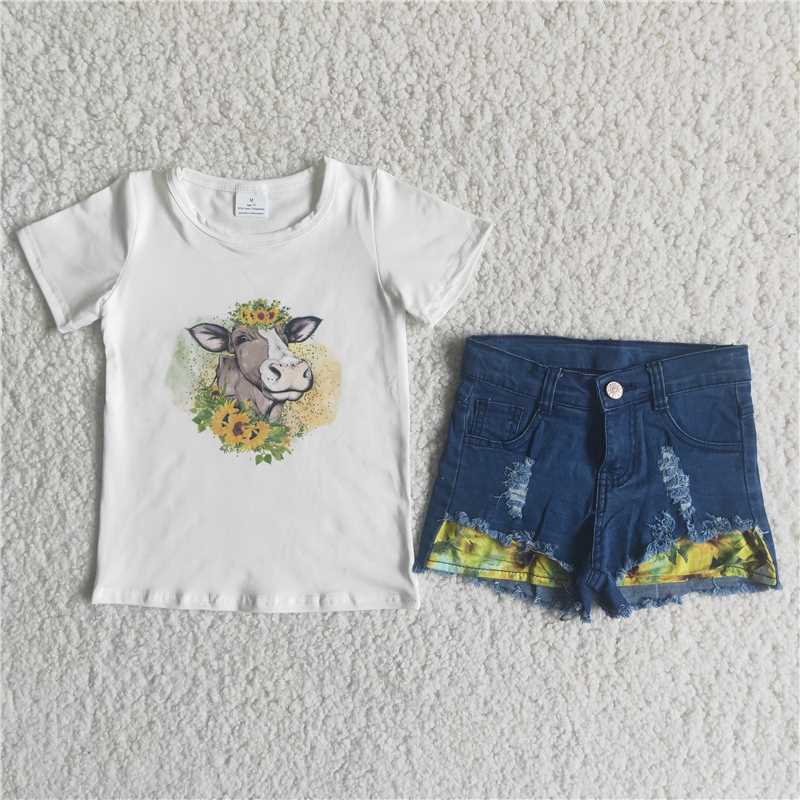 sunflower heifer design denim short pants set
