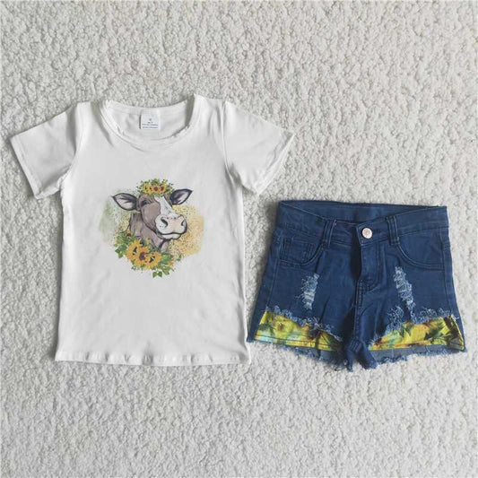 sunflower heifer design denim short pants set