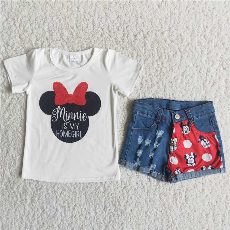 white shirt top homegirl design denim short pants set