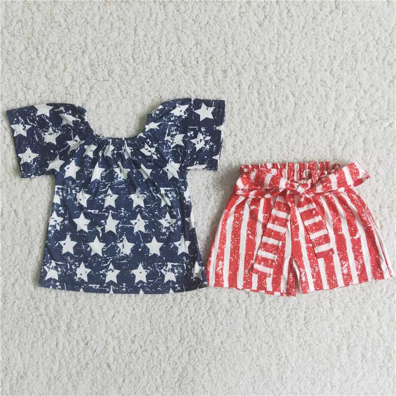 star top red striped short pants set