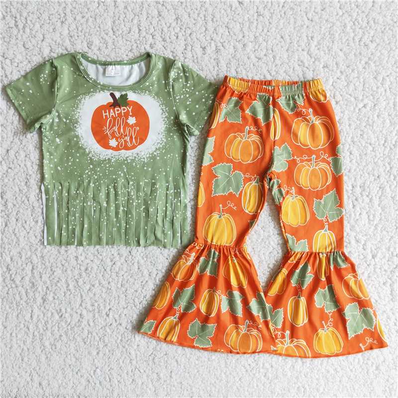 RTS NO MOQ（In Stock) B10-13 Girls Happy Fringe Top Maple Pumpkin Suit