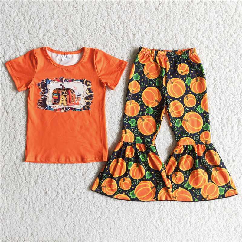 RTS NO MOQ（In Stock) B6-1 Girls Pumpkin Green Leaf Orange Short Sleeve Flared Pants Suit