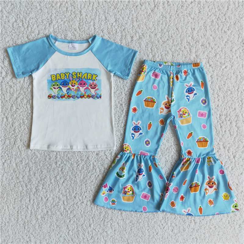 blue shark pattern long pants set