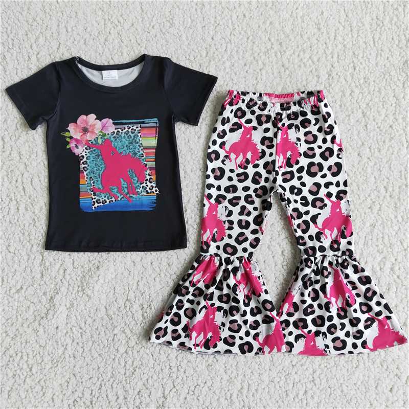 Flower Pattern Black Short Sleeve Leopard Flare Pants