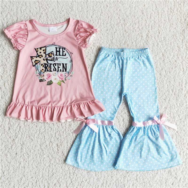 Easter Pink Short Sleeve Blue Flared Pants Set