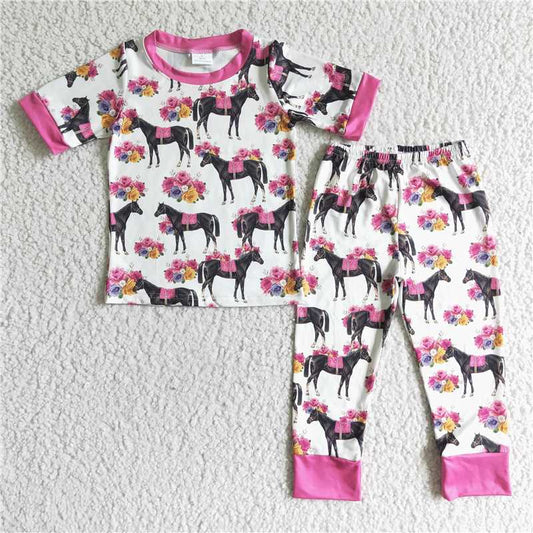 GSPO0005 Girls Short Sleeve Top with Horse Print Long Pants  Spring and fall milk silk