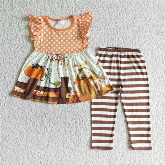 GSPO0173 girls flying sleeve long pants outfit pumpkin print halloween holiday